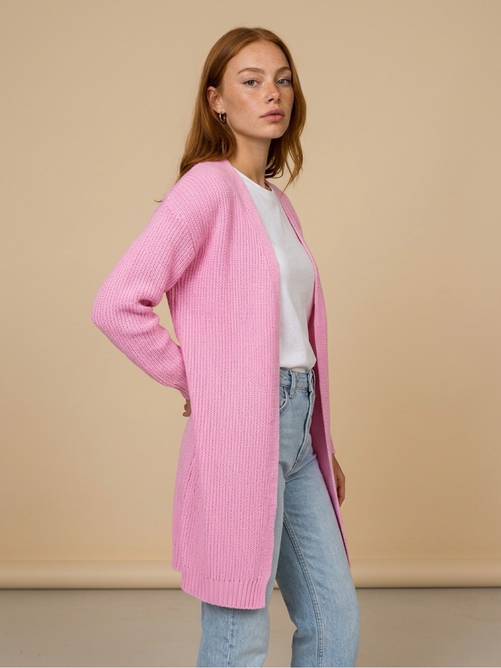 Light Pink Open-Front Longline Knit Cardigan